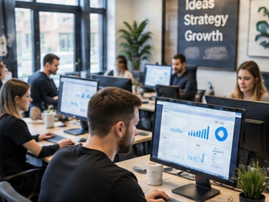 Digital marketing agency team working at computers in a modern office